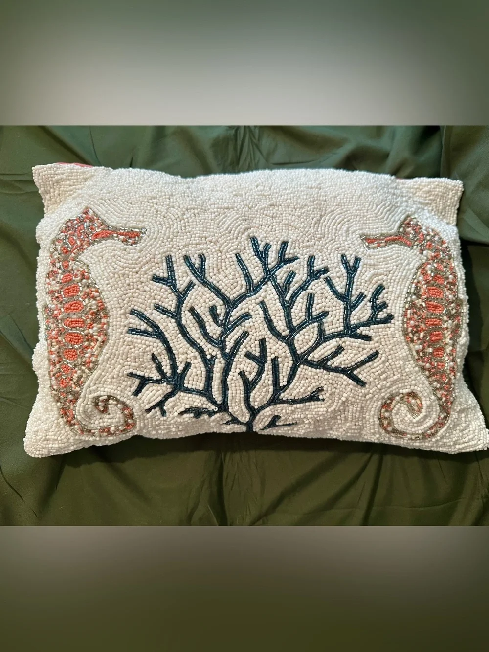 Handcrafted Coral & Seahorse Beaded Throw Pillow - Ivory and Navy